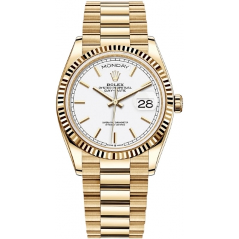 128238 White Index Rolex Day-Date 36mm Yellow Gold Midsize Watch