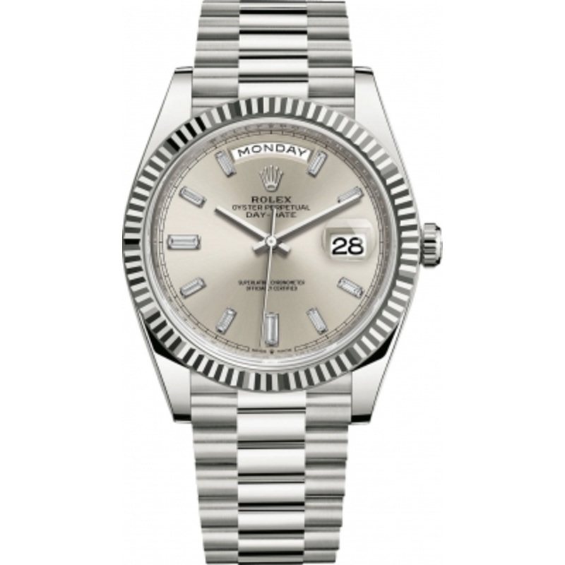 228239 Silver Baguette Rolex Day-Date 40mm White Gold Mens Watch