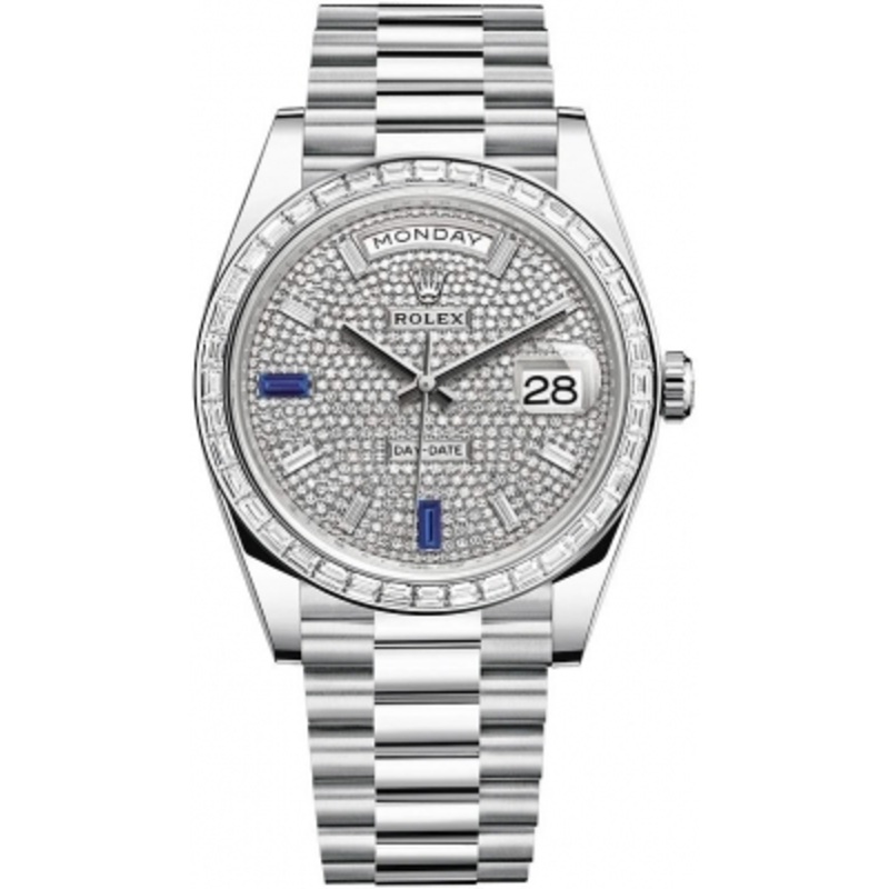 228396TBR Pave Baguette Rolex Day-Date 40mm Platinum Mens Watch