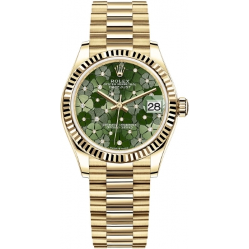 278278 Olive Green Floral President Rolex Datejust 31mm Yellow Gold Ladies Watch