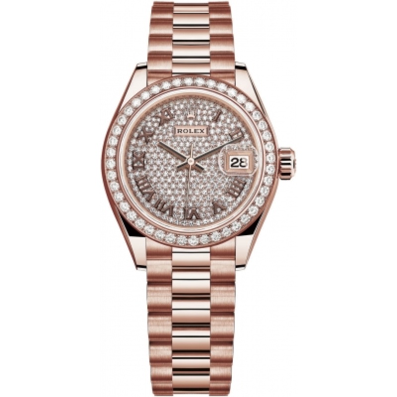 279135RBR Pave Chocolate Roman President Rolex Lady Datejust 28mm Everose Gold Ladies Watch