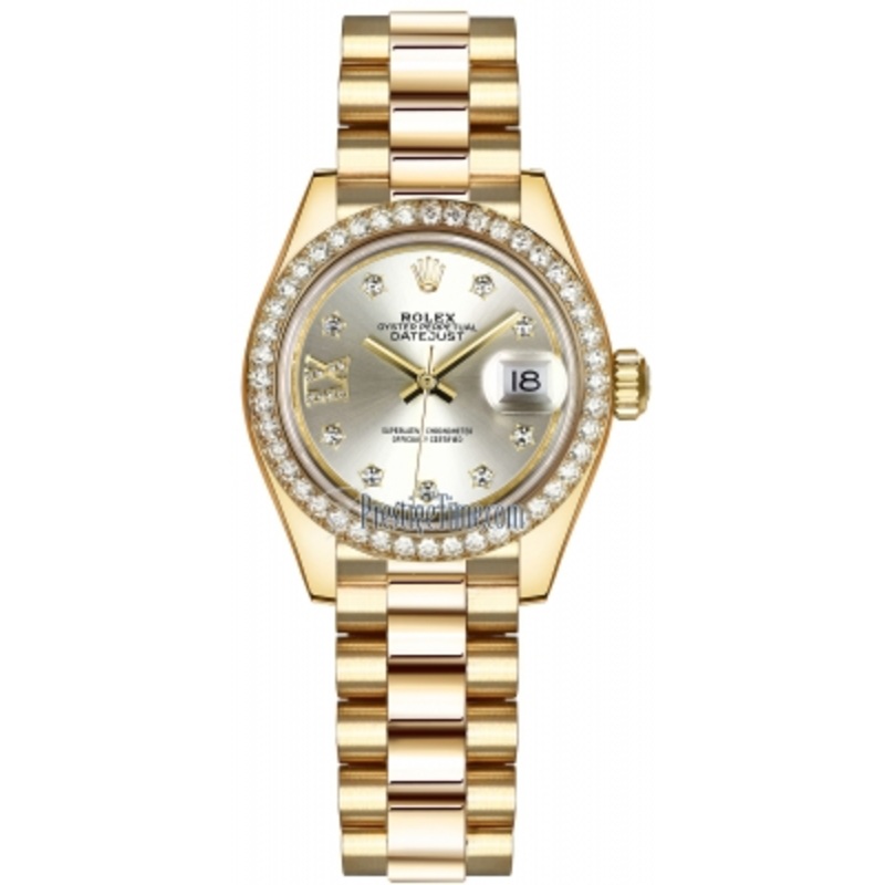 279138RBR Silver 17 Diamond President Rolex Lady Datejust 28mm Yellow Gold Ladies Watch