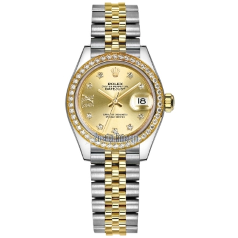 279383RBR Champagne 17 Diamond Jubilee Rolex Lady Datejust 28mm Stainless Steel and Yellow Gold Ladies Watch