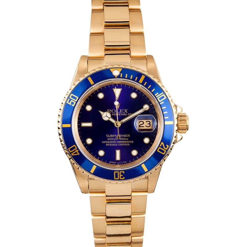 Rolex Submariner Blue Dial Gold Bezel 16808 – Ships Free