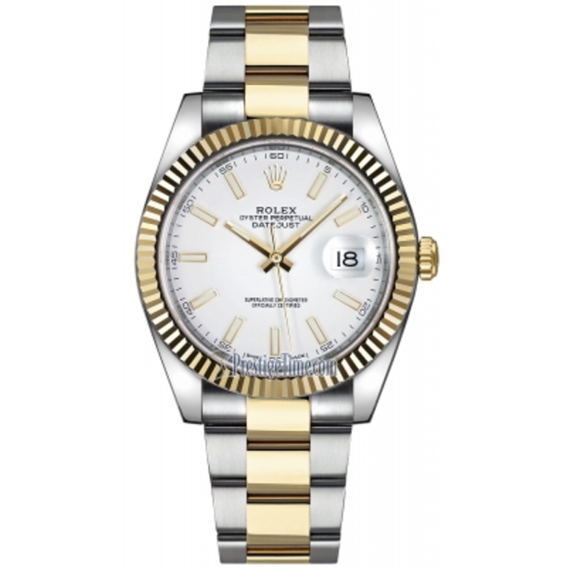 126333 White Index Oyster Rolex Datejust 41mm Stainless Steel and Yellow Gold Mens Watch
