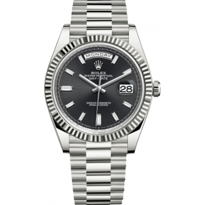 228239 Black Baguette Rolex Day-Date 40mm White Gold Mens Watch