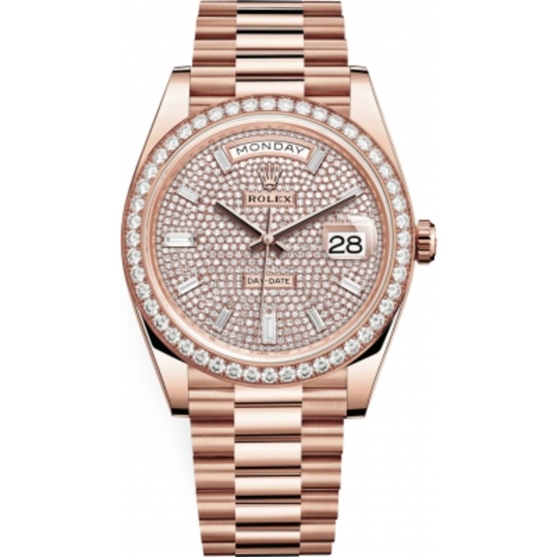 228345RBR Pave Baguette Rolex Day-Date 40mm Everose Gold Mens Watch